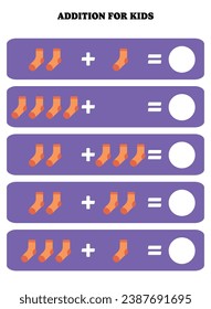 Página de adición para niños. Juego educativo de matemáticas para niños con calcetines. Diseño de hoja de cálculo imprimible. Aprender matemático.