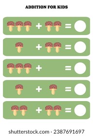 Addition page for kids. Educational math game for children with mushroom. Printable worksheet design. Learning mathematic.