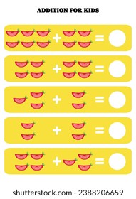 Addition page for kids. Educational math game for children with tomato slice. Printable worksheet design. Learning mathematic.