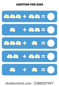 Addition page for kids. Educational math game for children with fried egg. Printable worksheet design. Learning mathematic.