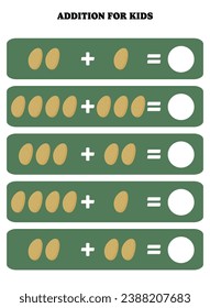 Addition page for kids. Educational math game for children with potato. Printable worksheet design. Learning mathematic.