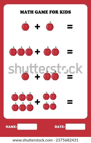 Addition page for kids. Educational math game for children with apple. Printable worksheet design. Learning mathematic.