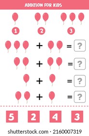 Addition with pink balloon. Educational math game for kids. 