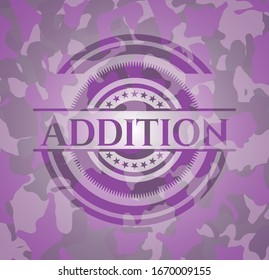 Addition pink and purple written on a camo texture. Vector Illustration. Detailed.