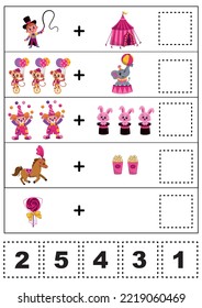 Addition practice sheet for kids in circus theme.
