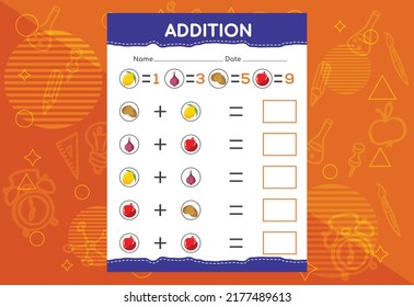 Adición con diferentes frutas para los niños. Una hoja de trabajo educativa para niños. Diseño de vectores