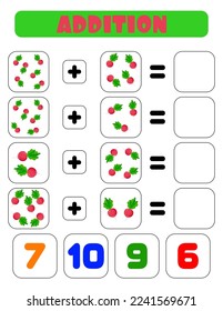 Addition of radishes. A task for children. Educational development sheet. Color activity page. A game for children