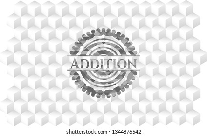 Addition realistic grey emblem with cube white background