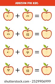 Adición con manzanas rojas. Juego educativo de matemáticas para niños. 