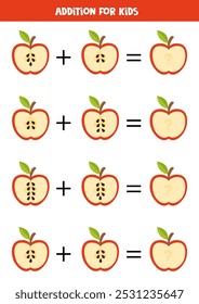 Adición con manzanas rojas. Juego educativo de matemáticas para niños. 