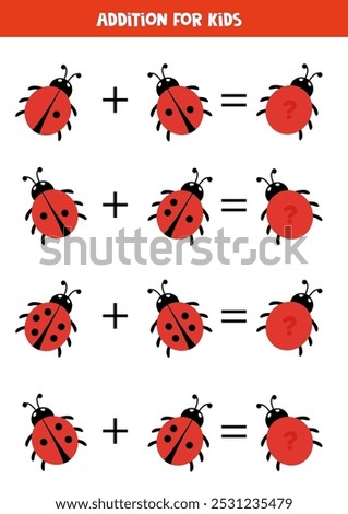 Addition with red ladybugs. Educational math game for kids. 