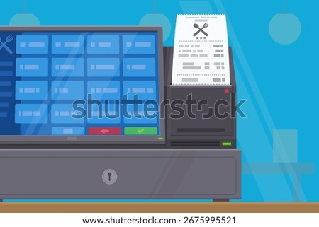 Addition of a restaurant exiting a cash register with a flat screen in flat design style