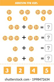 Adición con pizza redonda. Juego educativo de matemáticas para niños. 