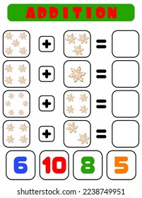 Addition of snowflakes . A task for children. Educational development sheet. Color activity page. A game for children. Funny character.  Cartoon style.