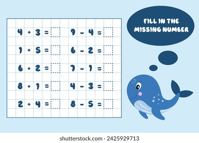 Addition and subtraction up to 10.Solve the equation.Math puzzle game.Worksheet for schoolchildren, preschool children.Vector illustration.Educational math game for children.