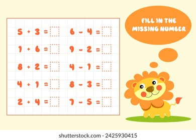 Suma y resta hasta 10.Resolver la ecuación.Juego de puzzle matemáticas.Hoja de trabajo para escolares, niños preescolares.Ilustración vectorial.Juego de matemáticas educativas para niños.