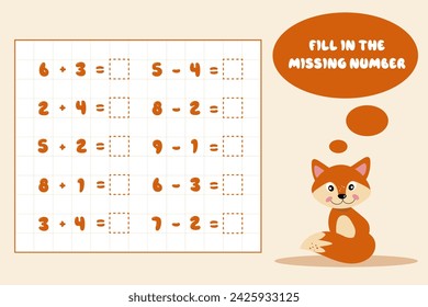 Addition and subtraction up to 10.Solve the equation.Math puzzle game.Worksheet for schoolchildren, preschool children.Vector illustration.Educational math game for children.