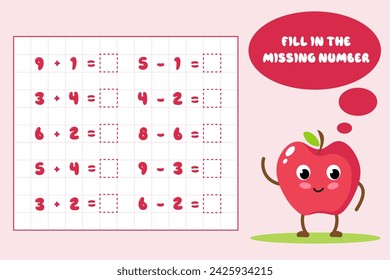Addition and subtraction up to 10.Solve the equation.Math puzzle game.Worksheet for schoolchildren, preschool children.Vector illustration.Educational math game for children.