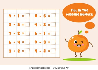 Addition and subtraction up to 10.Solve the equation.Math puzzle game.Worksheet for schoolchildren, preschool children.Vector illustration.Educational math game for children.