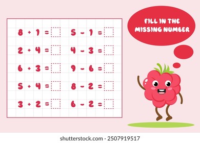 Addition and subtraction up to 10.Solve the equation.Math puzzle game.Worksheet for schoolchildren, preschool children.Vector illustration.Educational math game for children.