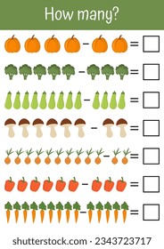 Addition, subtraction, and counting for early child development. Perfect for schools and kindergartens. Vegetables and fruits mathematic lists. Match the correct answers, learn math with interest.