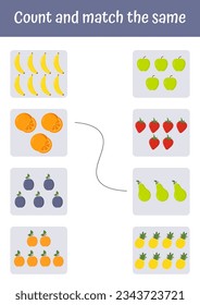 Addition, subtraction, and counting for early child development. Perfect for schools and kindergartens. Vegetables and fruits mathematic lists. Match the correct answers, learn math with interest.