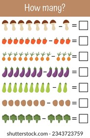 Addition, subtraction, and counting for early child development. Perfect for schools and kindergartens. Vegetables and fruits mathematic lists. Match the correct answers, learn math with interest.