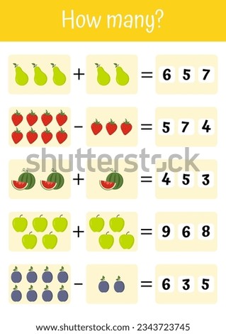 Addition, subtraction, and counting for early child development. Perfect for schools and kindergartens. Vegetables and fruits mathematic lists. Match the correct answers, learn math with interest.