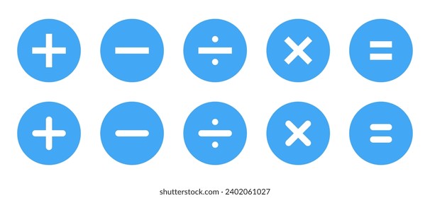 Addition, Subtraktion, Teilung, Multiplikation und Gleichheit Symbol im flachen Stil. Grundlegende mathematische Symbole