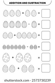 Addition and subtraction of Easter eggs. Black and white. Solve the problem. Educational preschool game for kids. Isolated vector illustration eps 10