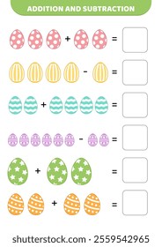 Addition and subtraction. Easter eggs. Solve the problem. Educational preschool game for kids. Cartoon, isolated vector illustration eps 10