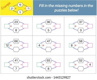Addition and Subtraction. Fill in the missing numbers in the 
puzzles below. 