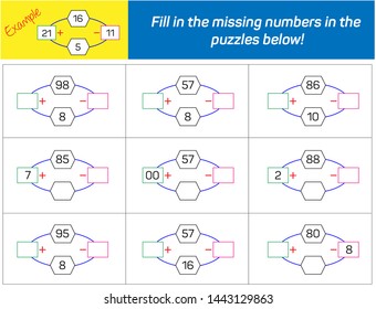 Addition and Subtraction. Fill in the missing numbers in the 
puzzles below. 