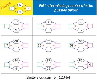 Addition and Subtraction. Fill in the missing numbers in the 
puzzles below. 