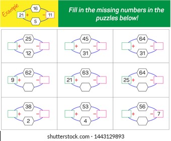 Addition and Subtraction. Fill in the missing numbers in the 
puzzles below. 