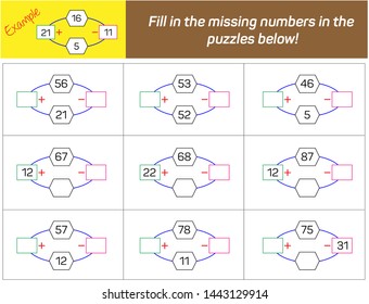 Addition and Subtraction. Fill in the missing numbers in the 
puzzles below. 