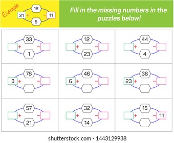 Addition and Subtraction. Fill in the missing numbers in the 
puzzles below. 