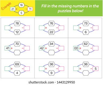 Addition and Subtraction. Fill in the missing numbers in the 
puzzles below. 
