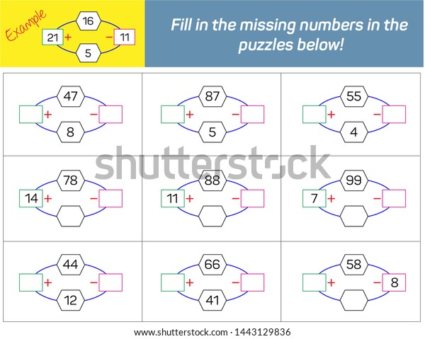 Addition Subtraction Fill Missing Numbers Puzzles Stock Vector (Royalty ...