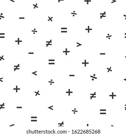 Addition and subtraction, multiplication and division. Childish seamless pattern with math signs. On white background. Vector black and white illustration.