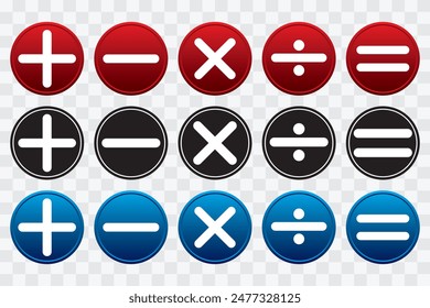 Addition, subtraction, multiplication, division, equal sign, icon symbol. Plus, minus, multiply, divide and equal sign icon design set. Mathematical symbol icon. 