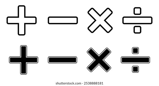 Adição, subtração, multiplicação, sinal de divisão, símbolo de vetor de ícone. Além disso, menos, multiplicar, dividir ícone símbolo ícone conjunto. Ícone de símbolo matemático. Ilustração vetorial.