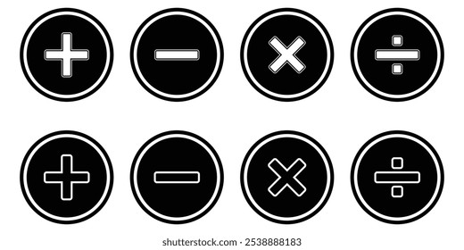 Adição, subtração, multiplicação, sinal de divisão, símbolo de vetor de ícone. Além disso, menos, multiplicar, dividir ícone símbolo ícone conjunto. Ícone de símbolo matemático. Ilustração vetorial.