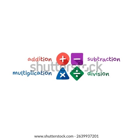 Addition, subtraction, multiplication, division symbols. Plus, minus symbols. Four operations concepts for education, business, mathematical world