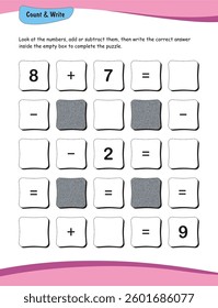 Addition and subtraction, Number puzzle, Math challenge, Number sequence, Math exercise, Arithmetic, Math problem-solving, Number logic puzzle, Educational puzzle, Kids math puzzle