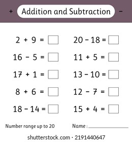 Addition and Subtraction. Number range up to 20. Mathematics. Math worksheet for kids. Solve examples and write. Numeracy skills. Vector illustration