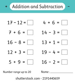 Addition und Subtraktion. Zahlenbereich bis 20. Mathe-Arbeitsblatt für Kinder. Lösen Sie Beispiele und schreiben Sie. Mathematik. Entwicklung von Rechenfähigkeiten. Vektorgrafik