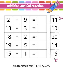 Addition and subtraction. Task for kids. Cut and paste. Education developing worksheet. Activity page. Game for children. Funny character. Isolated vector illustration. Cartoon style.