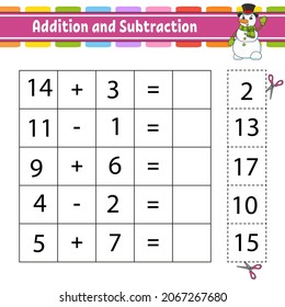 Addition and subtraction. Task for kids. Cut and paste. Education developing worksheet. Activity page. Game for children. Funny character. Isolated vector illustration. cartoon style.