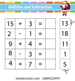 Addition and subtraction. Task for kids. Cut and paste. Education developing worksheet. Activity page. Game for children. Funny character. Isolated vector illustration. cartoon style.